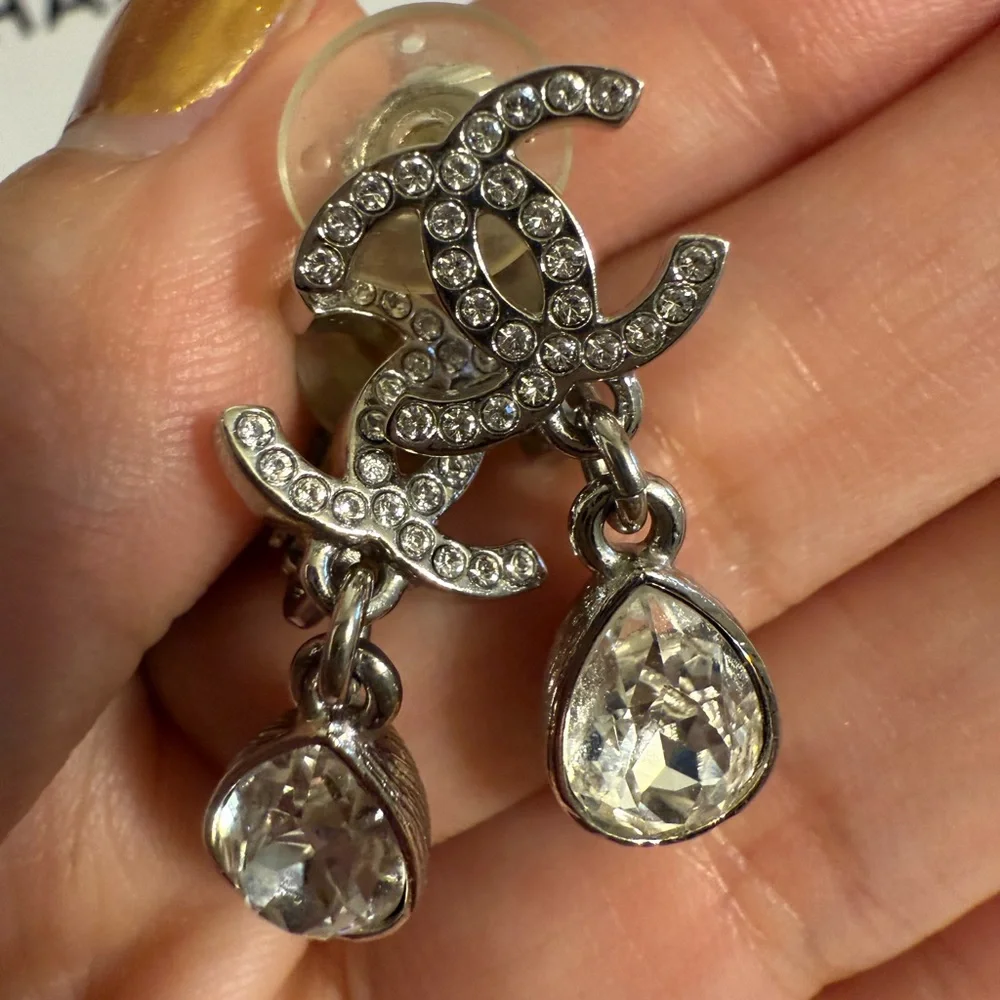 CHANEL Silver Crystal CC Teardrop Dangle Clip On Earrings